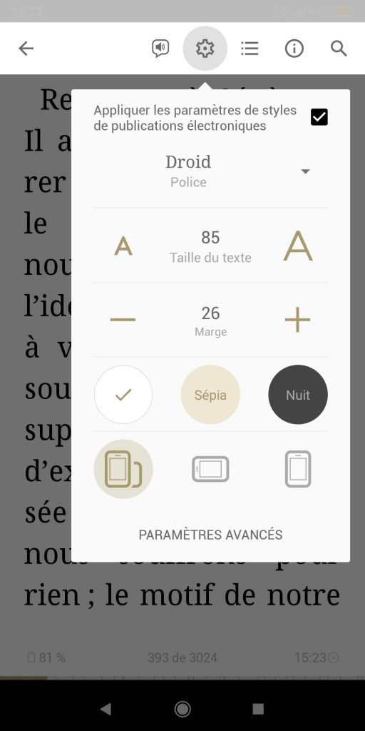 Choix des polices, tailles de caractères, arrière-plan sur Prestigio eReader